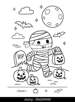 Ausdruckbare Halloween-Ausmalseite für Kinder, Vorschulkinder oder Kindergartenaktivitäten, Spaß im Wartezimmer. Vektorabbildung Stock Vektor
