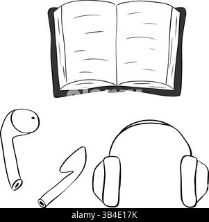Offenes Buch- und Kopfhörersymbol für Illustrationssatz zum Hören von Hörbüchern. Symbol für die grafische Vektorlinie isoliert. Für Logo, Web, Verpackung, Aufkleber. Stock Vektor