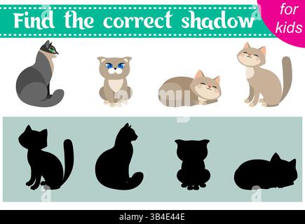 Brainteaser für Kinder. Verschiedene Katzen. Suchen Sie den richtigen Schatten. Lehrkarten. Aktivität für Vorschüler und Kleinkinder. Vektorabbildung. Stock Vektor