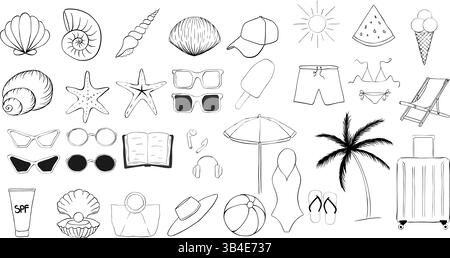 Vektorsatz mit Symbolen für Urlaubslinien. Strandball, Kappe, Tasche, Sonnenbrille, Badeanzug, spf-Creme, Palme, Stuhl, Muscheln, Eis. Für Poster, Flyer, b Stock Vektor
