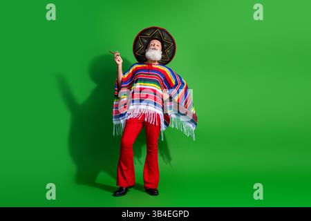 Festlicher Seniorenmann in traditioneller, lebhafter mexikanischer Kleidung mit Poncho und Sombrero, posiert vor grünem Hintergrund Stockfoto