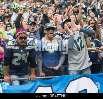 18. Oktober 2015: Seattle Seahawks Fans jubeln während der NFL-Action zwischen den Carolina Panthers und den Seattle Seahawks im CenturyLink Field in Seattle, Washington. Die Seattle Seahawks fallen 27 bis 23 an die Carolina Panthers. Joseph Weiser/CSM(Bild: © Joseph Weiser/CSM via ZUMA Wire) Stockfoto