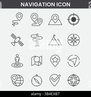 Minimalistisches Navigationssymbol setzt Karten, Kompass, Positionsstifte und Reisesymbole in Schwarzweiß-Strichgrafik Stock Vektor