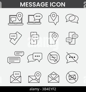 Minimalistisches Nachrichtensymbol setzt Kommunikationssymbole, Chat-Bubbles und digitale Schnittstellenelemente in Schwarz-weiß-Strichgrafik Stock Vektor