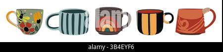 Bunte Kaffee- und Teetassen mit verschiedenen Designs Stock Vektor