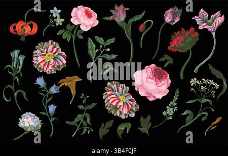 Großes Ölgemälde Rokoko-Stillleben isoliert Blumen. Vektor. Stock Vektor