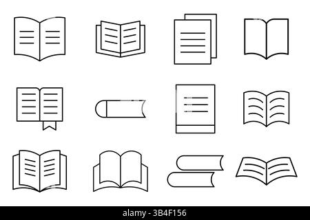 Sammlung von Symbolen für Strichvorlagen geöffneter Bücher und Dokumente. Vektorillustration für Buchzeilen-Symbol Stock Vektor