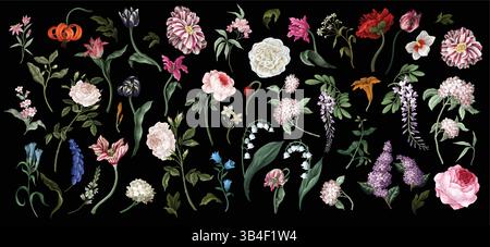 Großes Ölgemälde Rokoko-Stillleben isoliert Blumen. Vektor. Stock Vektor