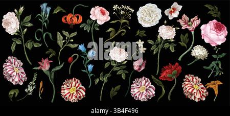 Großes Ölgemälde Rokoko-Stillleben isoliert Blumen. Vektor. Stock Vektor