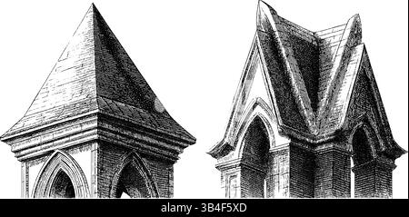 Gotische architektonische Elemente und Türme Gravur für historische Designzwecke. Stock Vektor