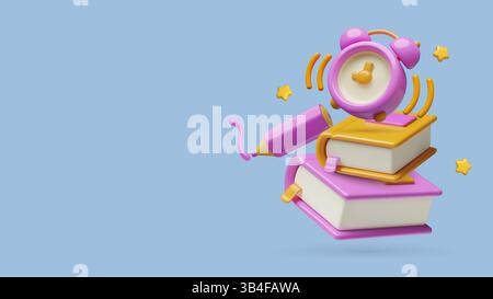 Bildung und Schulhintergrund mit 3D-Vektorbüchern, klingelndem Wecker, Bleistift und Sternen Stock Vektor