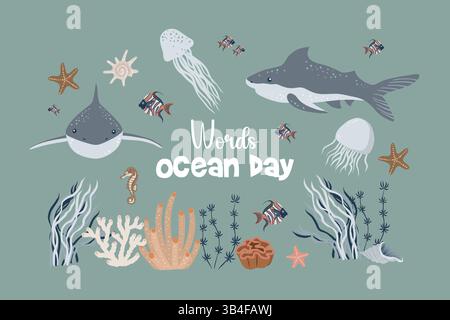 Weltmeertag Illustration der Unterwasserwelt mit Haien, Fischen, Algen und Meeresbewohnern. Vektorabbildung Stock Vektor