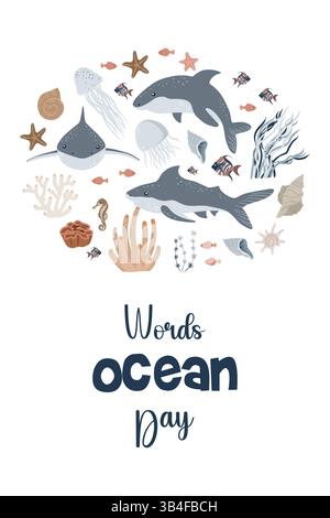 Vertikale Postkarte des Weltmeertags mit Fischen, Haien, Delfinen, Algen und Meerestieren isoliert auf weißem Hintergrund. Vektorabbildung Stock Vektor