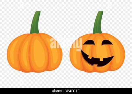Vector Cartoon Pumpkins Kollektion mit geschnitzten Gesichtern. Flaches Set Mit Bunten Kürbis-Stickern. Designvorlagen für Halloween, Herbst, Ernte. Süß und lustig Stock Vektor