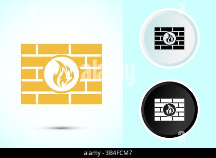 Design-Illustration des Firewall-Symbols. Ziegelwand und Feuer Symbol, Internet-Sicherheitsschild Symbol in schwarz-weiß Stock Vektor