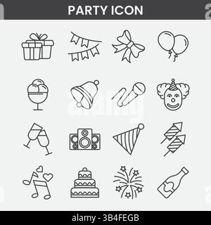 Partysymbole: Line Art Symbole für Feier, Musik, Feuerwerk, Geschenke und festliche Elemente – Vektor-Stil Stock Vektor