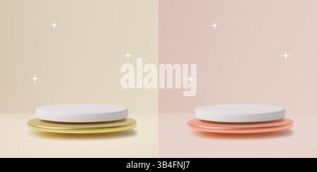 Rosa und Gold schwimmendes Podium 3D realistischer Hintergrund mit Sternen Vektor Illustration Stock Vektor