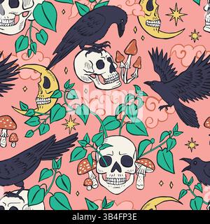 Nahtloses Muster mit handgezeichneten Tintenrabben oder Krähen, die auf menschlichen Schädeln sitzen Stock Vektor