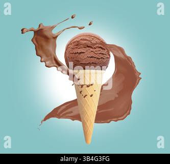 Schokoladeneis in Waffelkegel und Spritzer Milch auf türkisfarbenem Hintergrund Stockfoto