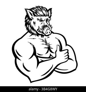 Maskottchen-Illustration eines wütenden Wildschweinmenschen mit gekreuzten Armen und Daumen hoch stehend von vorne auf isoliertem Hintergrund in Retro-Schwarz Stock Vektor