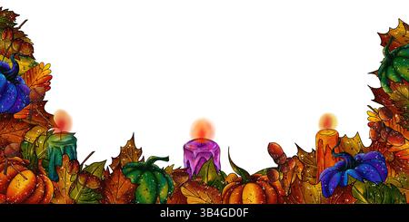 Horizontales Brett mit grünen, gelben, orangefarbenen und braunen Herbstblättern, bunten Kerzen, Kürbissen Stockfoto
