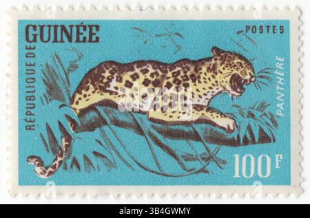 GUINEA - 25. August 1962: 100 Franc grün-blau, dunkelbraun und gelb Briefmarke mit Leopard. Die Panthera pardus ist eine der fünf erhaltenen Arten der Gattung Panthera, die zur Familie der Katzen Felidae gehört. Sie kommt in weiten Teilen Afrikas südlich der Sahara vor, in einigen Teilen West- und Zentralasiens, Südrussland und auf dem indischen Subkontinent bis Südost- und Ostasien. Sie wird auf der Roten Liste der IUCN als gefährdet eingestuft, da Leopardenpopulationen von Lebensraumverlust und Fragmentierung bedroht sind und in weiten Teilen der Welt abnehmen Stockfoto