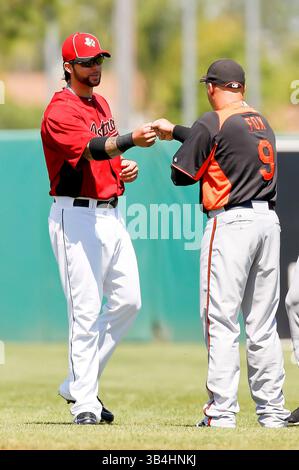 12. März 2011: Houston Astros erster Baseman Brian Dopirak (68) und Baltimore Orioles erster Baseman Jake Fox (9) vor dem Start der Frühjahrstraining-Action zwischen den Baltimore Orioles und den Houston Astros. Orioles besiegte die Astros 6-4 im Osceola County Stadium in Kissimmee, FL. (Bild: © Romeo Guzman/Cal Sport Media/ZUMAPRESS.com) Stockfoto