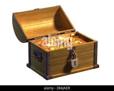 Offene Schatzkiste mit Münzen, Gold und Edelsteinen. Digitale Illustration. Stockfoto