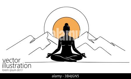 Yoga-Frau meditiert gegen Sonnenaufgangsberge. Silhouette Pose Lotusposition Entspannung im Freien Zen. Wellness Apps achtsame Meditation. Minimalistisch Stock Vektor