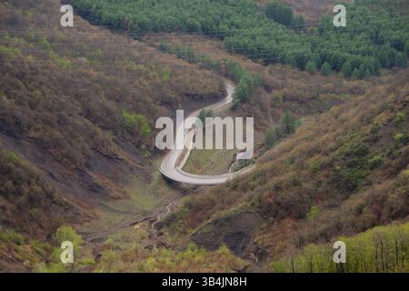 Bergstraße schlängelt sich durch bewaldetes Tal, durchschneidet Landschaft mit kurvigem Asphaltweg unter elektrischen Übertragungsleitungen Stockfoto