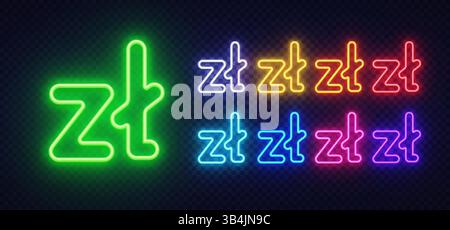 Zloty Währungssymbol in leuchtendem Neon mit zentralem grünem Buchstaben und bunten Duplikaten. Jede Variation glänzt in einem eigenen Farbton mit starkem Kontrast. Stock Vektor