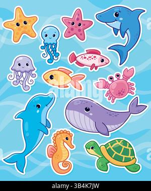 Set mit niedlichen Zeichentrick-Meerestieren. Aufkleberdesign. Vektorzeichen. Stock Vektor