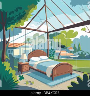 Glashaus im Wald, Wald Karikaturlandschaft Vektor. Glashaus im Sommerwald. Vektor-Zeichentrickillustration des Häuschens mit Fenstern. Stock Vektor