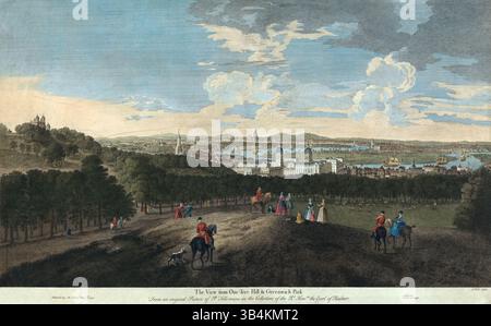 Ein gedruckter farbiger Gravur der allgemeinen Ansicht von One Tree Hill im Greenwich Park London 1744 Skyline aus der georgianischen Ära Kunstwerk historische Landschaftsperspektive Radierung Aquarell alter antiker Druck von John Wood nach Peter Tillemans veröffentlicht von Arthur Pond Stockfoto