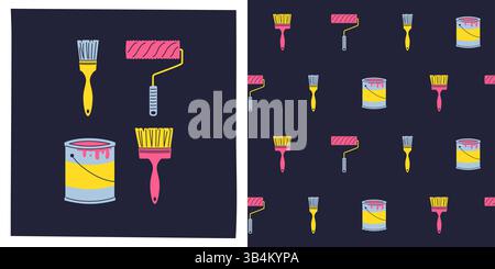 Pinsel und Walze, Dose von Farbe Set und nahtlose Muster Zeichentrickillustration. Malerarbeiten isolierte Vektortapete. Grenzenloses, endloses, wiederholtes Reparaturdesign für Arbeitsgeräte im Hintergrund Stock Vektor