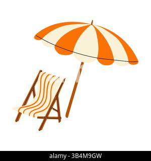 Farbenfrohe Liegestühle und Sonnenschirm, die an einem sonnigen Tag an der Küste auf Sand sitzen Stock Vektor