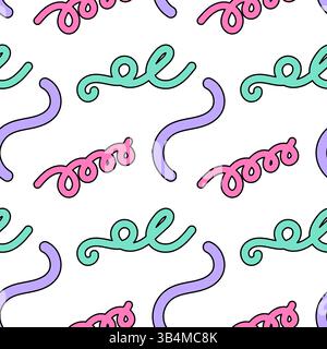 Nahtloses Muster naiver, farbenfroher abstrakter Karikaturen, geometrische Formen wie Wirbel und Wellenlinien auf weißem Hintergrund. Perfekt für Notebooks, Stock Vektor