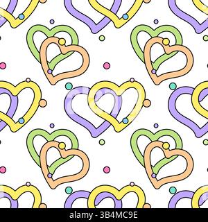 Verspieltes, lebendiges, nahtloses Muster mit Herzen in weichen Pastellfarben und hellen Konfetti-Punkten auf weißem Hintergrund. Perfekt für romantische Gäste Stock Vektor