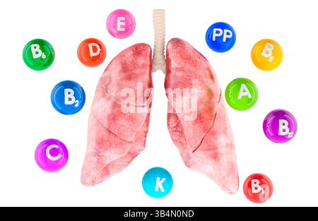 Menschliche Lungen mit verschiedenen Vitaminen. 3D-Rendering isoliert auf weißem Hintergrund Stockfoto