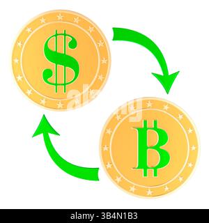 Dollar- und Bitcoin-Börse, Konzept. 3D-Rendering isoliert auf weißem Hintergrund Stockfoto