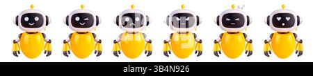 Eine Kollektion mit gelben und weißen Robotern, die jeweils verschiedene Gesichtsausdrücke und Looks zeigen, die unterschiedliche Emotionen vermitteln Stock Vektor
