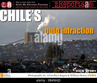 zReportage.com Story of the Week #109 - Start am 4. Mai 2006 - Multimedia-Erlebnis: Audio, Fotos, Text und oder Video: Weitere Informationen finden Sie unter http://www.zReportage.com - Zellstofffabriken werden in Chile zu einem zunehmenden Problem hinsichtlich ihrer Umweltauswirkungen. Chiles Zellstofffabriken erregten kürzlich internationale Aufmerksamkeit, nachdem eine Katastrophe in Valdivia eine UNESCO-Lagune mit Biosphären verschmutzte. Eine neue Zellstofffabrik, die derzeit im Bau ist, bedroht die Fischerei- und Tourismusbranche in einem der unberührtesten Wassereinzugsgebiete und Küsten Chiles. (Bild: © Geoffrey Ragatz/zReporta Stockfoto