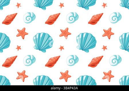 Nahtloses Muster mit blauen Muscheln, roten Spiralschalen und süßen roten Seestern. Tropischer mariner Vektor-Hintergrund Stock Vektor