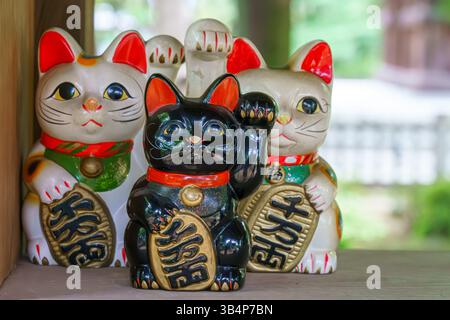 Tokio, Japan - September 30 2024, Nahaufnahme von vier kleinen Porzellan-Katzenfiguren von Maneki Neko, drei weiß und eine schwarz, im Gokokuji T Stockfoto
