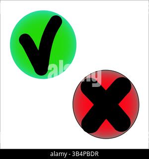 Häkchen-Symbol. Fehler bei Querform. Symbole für Genehmigungsverweigerung. Vektorschaltflächen. Stock Vektor