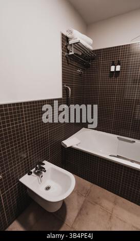 Modernes Badezimmer mit braunen Mosaikfliesen, weißem Bidet, Badewanne mit Handtuch und Glastrennwand, Wandregal aus Metall mit Handtüchern und Di Stockfoto
