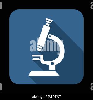Hochwertige Vektor-Illustration eines weißen Mikroskop-Symbols auf blauem quadratischem Hintergrund für wissenschaftliche und pädagogische Zwecke Stock Vektor