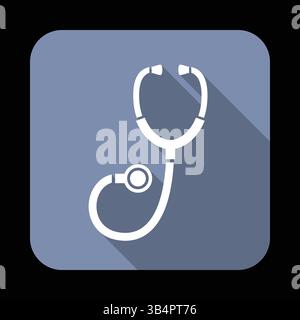 Weißes Stethoskop-Symbol auf blauem quadratischem Hintergrund mit langem Schatten-Effekt, der Gesundheitswesen, medizinische Geräte und Diagnose symbolisiert Stock Vektor