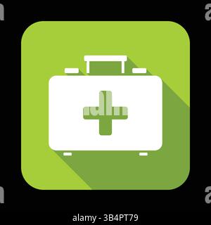 Notfall-medizinisches Kit-Symbol mit weißem erste-Hilfe-Kasten mit Kreuz-Symbol auf grünem Hintergrund, modernes flaches Design für Gesundheitssicherheit Stock Vektor