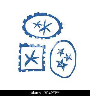 Handgezeichneter blauer Kritzelstempel und ovale Rahmen mit Meeressternen auf weißem Hintergrund im minimalen Marine-Stil Stock Vektor